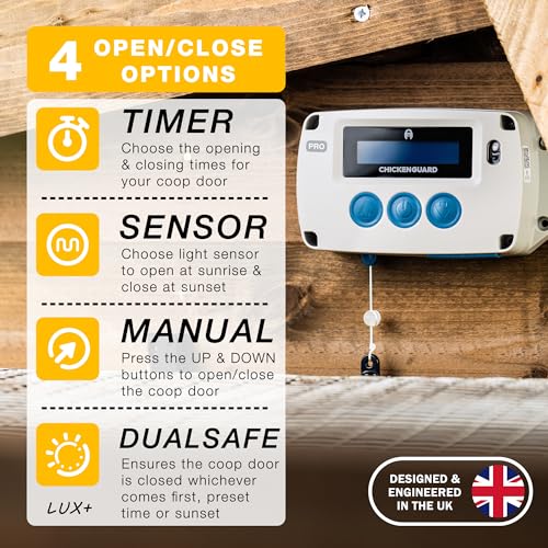 ChickenGuard Automatic Chicken Coop Door Opener, Power by Solar/Batteries/Electric. Strong Motor Lifts 2kg; Timer/Light Sensing; Motor Units only or Combination Kits (PRO + Batteries) - size: 6.5"L x 2.3"W x 3.6"H