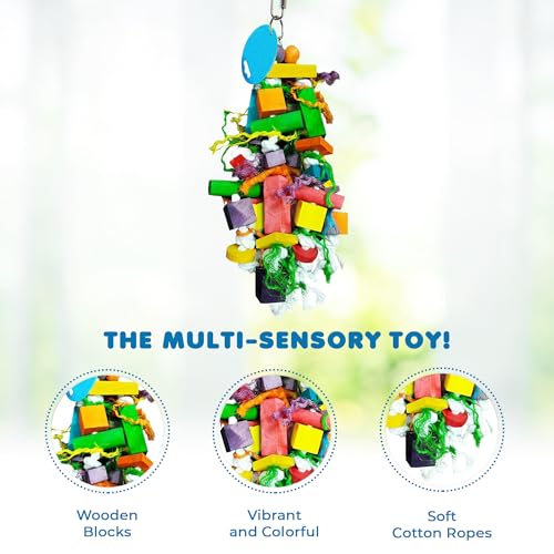 SunGrow Parrot Toy – Bird Foraging & Chew Toy with Wooden Blocks and Cotton Rope, Hanging Cage Accessory for Conures, Budgies, Parakeets & Other Small Birds