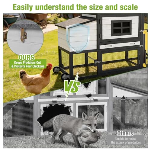 GUTINNEEN Chicken Coop with Wheels,Outdoor Hen House with Waterproof Asphalt Roof, Wooden Poultry Enclosure with Easy-Clean Slide-Out Tray,Poultry Cage with Nesting Boxes for Duck Rabbit Chicken-Black - size: 67.3"L x 26.0"W x 39.4"H