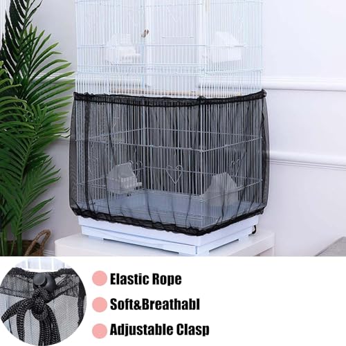 Bird Cage Seed Catcher, Large Bird Cage Cover, 75-118'' Universal Adjustable Birdcage Cover Skirt Soft Airy Nylon Mesh Net for Parakeet Macaw African Round Square Cage, Black - color: Black