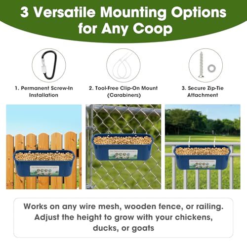 3 Pack 6 Quart Chicken Duck Feeder Trough, Blue | Fence Mount Hanging Feeder with Clips; Fits Chicken, Duck, Geese, Turkeys, Goats & All Farm Livestock Coop Feeding - color: blue
