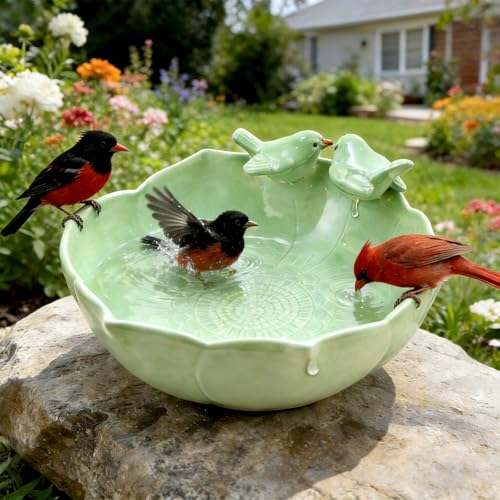 Glazed Ceramic Bird Bath Bowl for Outdoor Ground, UV/Frost-Resistant | 10.1" Birdbath and Feeders for Outside, Garden Table Top Bird Baths, Patio Yard Decor, Easy to Maintain, with Texture, Green - color: Light Green