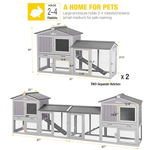 Aivituvin Rabbit Hutch Chicken Coop Bunny Rabbit Cage Duck House with Run Waterproof Roof for Outdoor, Plastic Tray, Expandable Design 114" LX21 WX33 H - size: 114" L x 21" W x 33" H