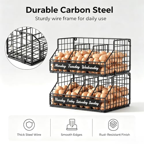 Egg Holder Countertop, 2 Tier Chicken Egg Basket for Gathering Fresh Eggs | Egg Storage Organizer with Adjustable 5 Dividers & Label, Stackable Wall Mounted Egg Collecting Basket Rack, Black - color: 2T Small Black