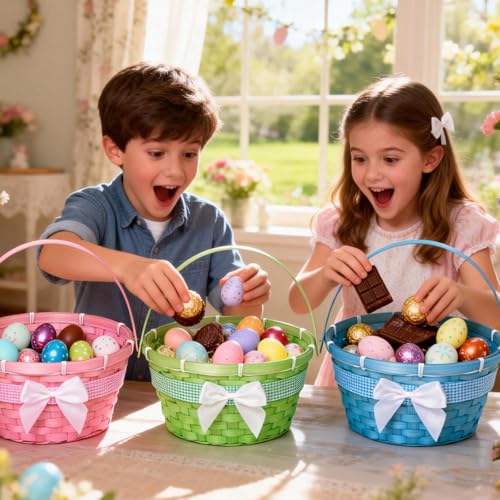 3 PCS Easter Bamboo Baskets Gift with Bow Ribbon and Handle, Woven Easter Eggs Hunting Bucket, Wicker Candy Toys Storage BucketBaskets with Handle for Picnic, Party Favors