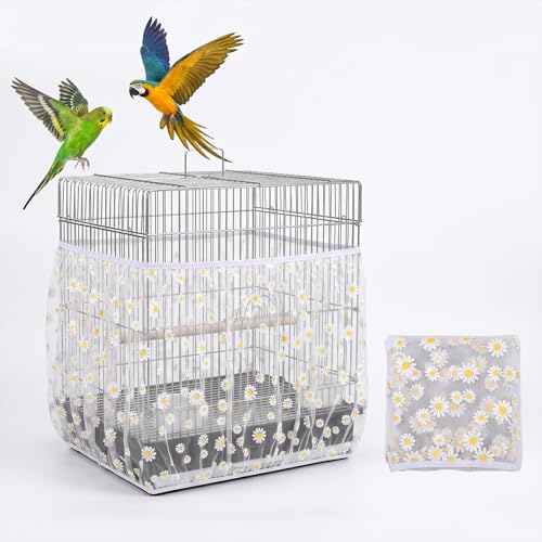 Bird Cage Seed Catcher Net Cover, Bird Cage Net, Mesh Parrot Cage Skirt Guard for Parrot Cockatiel Budgie Fits Round Square Cages(Daisy-White, 59''-87"X15.7")