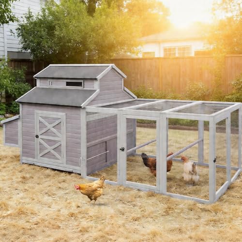 GUTINNEEN Extra Large Walk-in Chicken Coop with Run Waterproof UV Resistant Chicken House with Large Nesting Box 113.5" L Gray Outdoor Backyard Hen House - size: 113.5"L