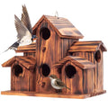 MIXUMON Wooden Bird Houses for Outside – 6 Rooms Multi-Chamber Bird House, Carbonized Pine Rustic Finish, 1.57" Entrance Holes, Cleaning Doors for Each Room, Decorative Outdoor Bird Nesting Box
