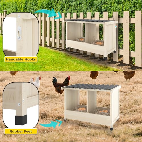 Chicken Nesting Box, 2 Holes Wooden Nesting Box, Hens-Wall Mounted or Floor Use, Chicken Coop Accessorie with PVC Roofing, Preventing Egg Falls, Easy to Assemble, Backyard and Farms - size: 25.6"L x 15.0"W x 16.9"H