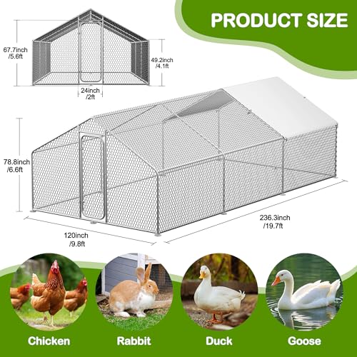 Homgava Large Metal Chicken Coop,19.7'L x 9.8'W x 6.6'H Chicken Run,Walk in Chicken Pen with Cover for Yard,Large Poultry Cage for Duck Rabbit - size: 236.0"L x 120.0"W x 78.0"H