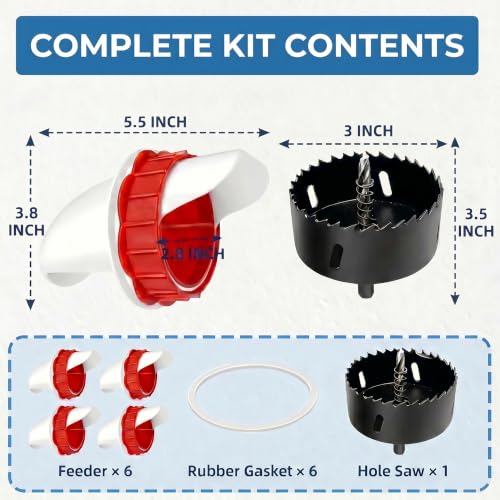DIY Chicken Feeder Ports, 6 Ports Chicken Feeder No Waste, DIY Automatic Poultry Feeder Cups Kit, Rain Proof Gravity Feeder Port with Hole Saw for Buckets Barrels Bins Troughs