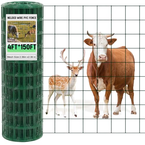 Gisafai 16 Gauge Galvanized Welded Wire Fence 4 ft x 150 ft PVC Coated Hardware Cloth, 2.36" x 2.36" Mesh, Heavy Duty Garden Fencing Roll for Yard Chicken Dog, Deer Cattle & Animal Protection(Green) - color: Green, size: 4 ft X 150 ft