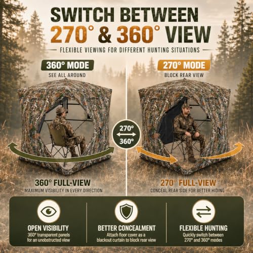 Hunting Blind See Through, Pop Up Ground Deer Blind, Large Door | 270/288/360 Degree See Thru, 1/2/3/4 Person Hunting Camouflage Tent, With/Without floor, Swing/Diamond/Horizontal Door Design - size: 2-3 Person, style: 270°&360°/Diamond Door/With Floor