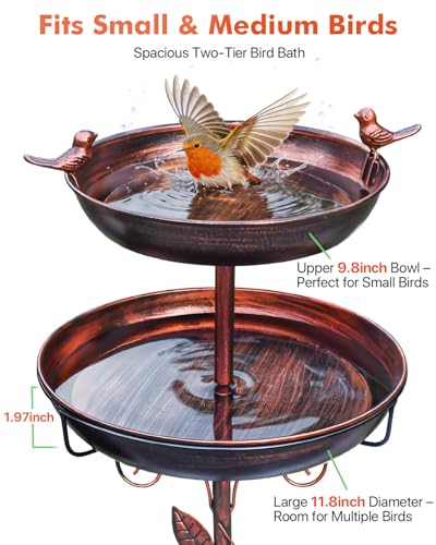 Metal Bird Bath for Outside - Outdoor Garden Decor Birdbath 2-Tier Water Bowl with Copper Finish Stake Adjustable Height 45'' Tall for Yard