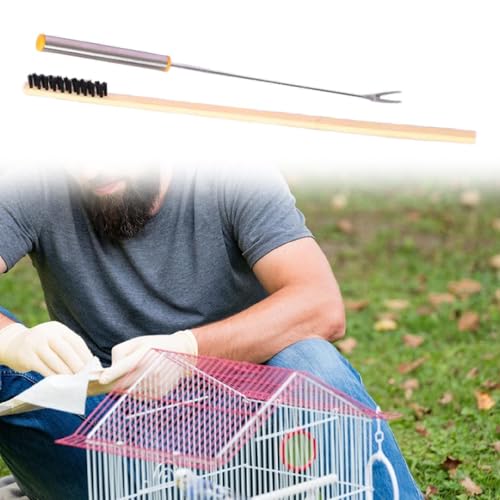 2Pcs Bird Cage Cleaners,Cleaning Fork and Brush Portable Removers Cleaning Tools for Parakeet Perch Stand Bird Droppings, Silver Handle - color: Silver Handle
