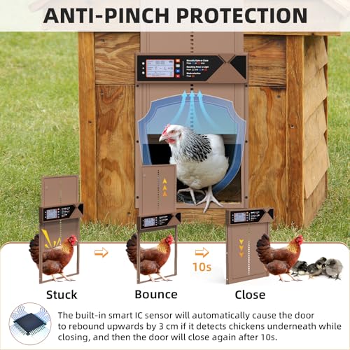 Automatic Chicken Coop Door, 4 Modes LCD Display Chicken Coop Door Solar Powered with Timer & Light Sensor, Aluminum Alloy Automatic Chicken Door with Anti-Pinch, IPX4 Waterproof - color: Brown