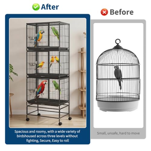 TrailBlaze Heavy Duty Carbon Steel Bird Cage - 74 Inch Stackable Aviary with 3 Dividable Compartments, Removable Trays, Spacious Flight Enclosure for Parakeets, Cockatiels, Conures, Finches - Silver - color: Black