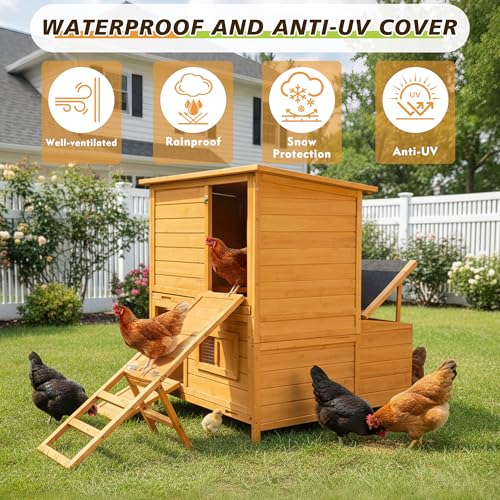 2-Story Chicken Coop for 6-8 Chickens, Sturdy and Easy to Assemble | Spacious 3 Nesting Boxes, Easy-To-Clean Pull-Out 2 Trays, Featuring A Foldable Ramp, And Asphalt Roof