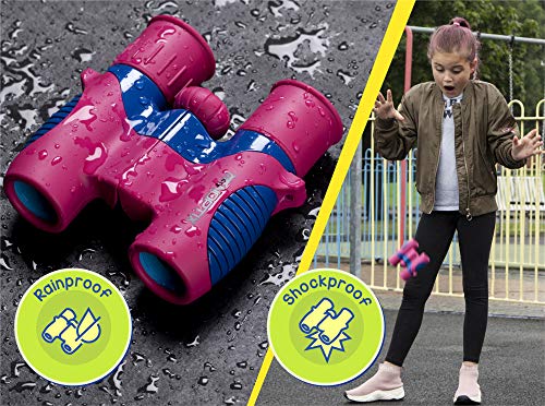 Binoculars for Kids, Girls or Boys Real Kids Binoculars in Vibrant Pink Blue - includes Sticker Book with 40 Bird Species - Kids Toys Small Binoculars, Toddler Binoculars - color: Pink and Blue