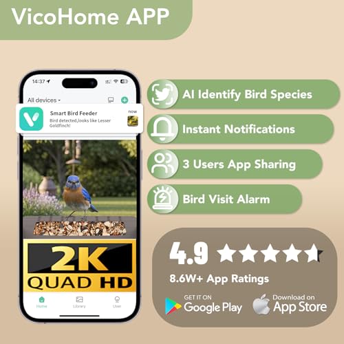 Smart Bird Feeder with Camera, Solar Powered 2K Video AI Identification | Instant Arrival Alerts, Night Vision, Weatherproof Outdoor Feeder With App Sharing For Bird Lovers