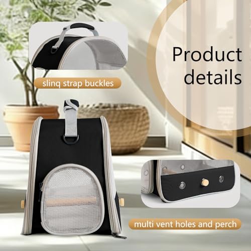 Bird Carrier, Portable Small Bird Parrot Parakeet Carrier with Standing Perch and Soft Mat, Side Access Window Collapsible (Black, Mesh Windows) - color: Black