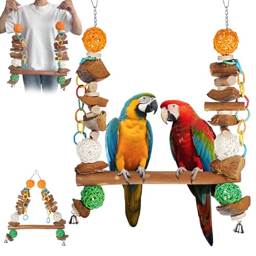 3-in-1 Parrot Toys Natural Coconut Fiber Parrot Hammock (Swing + Perch + Chew Toy) Natural Bird Perches for Medium Large Birds - 23" Bird Toys for Parrots Stand - color: Bird Stand