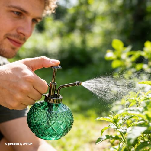 Glass Plant Mister Indoor Green Small Fine Mist Spray Bottle 10 OZ | ﻿ Vintage Spray Bottles, Misters Mini Watering Can Glass Sprayer Misting for Garden Plants Indoor Outdoor Decor Cleaning ﻿ - color: A-dark Green