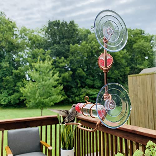 Window Hummingbird Feeder | Handcrafted Copper and Aluminum | Multiple Stations | Modern Hummingbird Feeder | Home Décor | Glass Bottles | Suction Cups (Copper, Two Station) - size: Two Station - Standard Perch