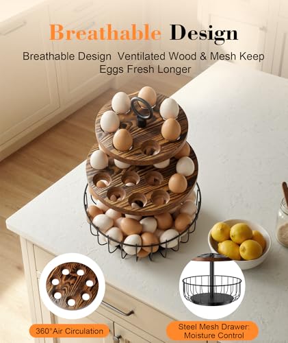 3-Tier 360° Rotating Egg Holder with Basket, Holds 64+ Eggs | Rustic farmhouse egg rack, 3-tier 360° rotating; ventilated wooden trays, metal basket. Holds 24+40 eggs. - size: 360° Rotating