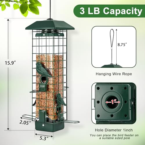 Gbekery Squirrel Proof Bird Feeder, Metal Mesh Feeders for Outdoors Hanging, Gravity Protection Wild Bird Feeders for Finch Chickadee, Weather Resistant, 3LB Large Capacity, Green - color: Green Square