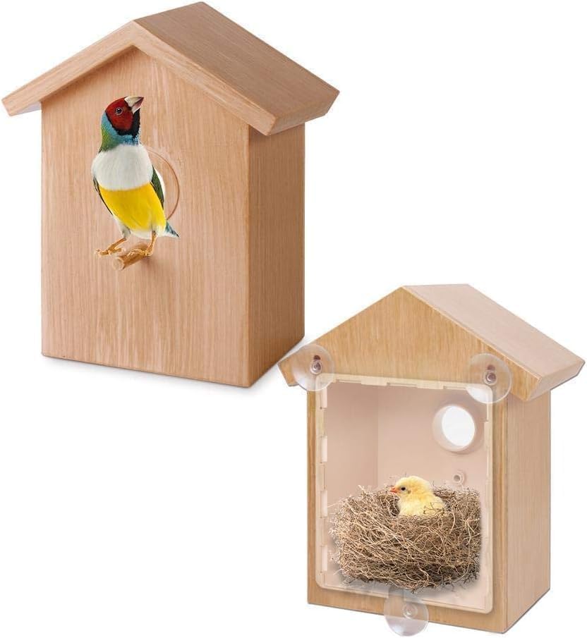 Spy House See Through Two Way Mirrored Bird House - Suction Cup Window Mounted Bird Nesting Box
