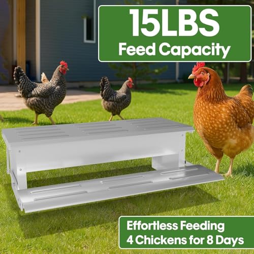 Stainless Steel Automatic Chicken Feeder, Treadle Chicken Feeder with Weatherproof Lid, No Waste Chicken Feeder, 15 lbs Poultry Feeder, for Chickens, Ducks, Fowl