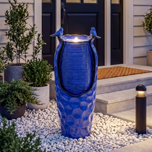 Autodaya 33" Vase Ceramic Outdoor Water Fountain with Lights and Birds | cobalt blue glazed water feature with textured design, ambient soothing cascading water flow for garden patio yard sanctuary - color: 33"h-hammered Cobalt Blue