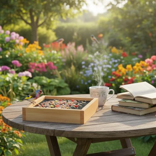 Cedar Wood Platform Tray Bird Feeder 12” - Hanging Bird Feeder for Outside Outdoor - Stainless Steel Cable Mesh Base - Weather Proof Birdfeeder for 10 Years - Longtime Outdoor Lasting Heavy Duty