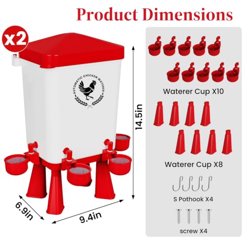 2 Pack 3 Gallon Chicken Waterer with 10 Chicken Water Cups, No Spill Poultry Waterer with Stand Legs, Hooks and Screws, Chicken Water Feeder for Coop, Ducks, Hens, Farm, Backyard Chickens (Red) - color: Red, size: 2pcs