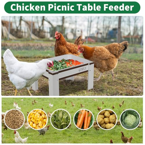 Large Chicken Picnic Table Feeder with Removable Plastic Tray | Coop Accessories Must Haves,Poultry Feeders No Waste,Chicken Food Dispenser - color: White-Brown
