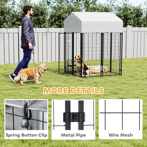 PawHut Outdoor Dog Kennel with Roof, 4' x 4' x 6' Heavy Duty Welded Wire Dog Playpen Enclosure with Escape-Proof Lock, UV-Resistant & Waterproof Cover, for Medium Dogs, Chickens, Ducks, Silver | Heavy Duty Welded Wire Dog Playpen Enclosure, Escape-proof L