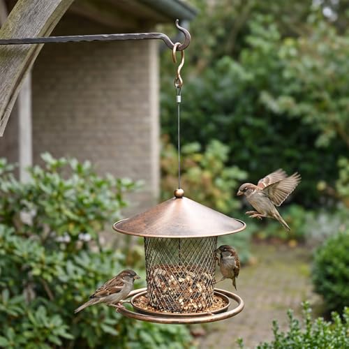 Bird Feeder, Weatherproof Wild Bird Feeders for Outdoors | Birds Feeding Station Metal Round Roof Birdfeeder for Garden Yard Outside Hanging Decor