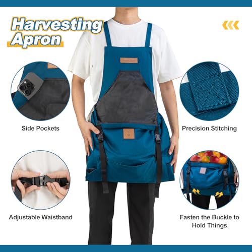Berry&Bird Harvest Apron, Canvas Gardening Apron with Pockets and Harvesting Pouch Waterproof Harvesting Apron - color: Blue