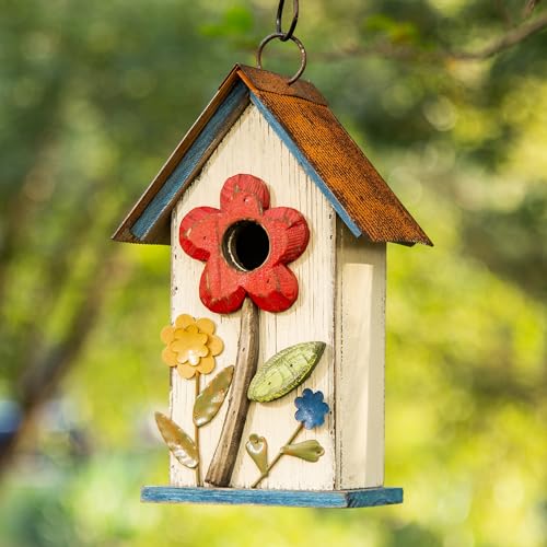 Glitzhome Hanging Bird House for Outdoor,10.2" H Patio Garden Decorative Birdhouse Pet Cottage Wooden Distressed Birdhouse with 3D Flowers for Bluebird,Hummingbird,Sparrow,Wren Finch, Washed White - color: 10.2"H Flower Washed White