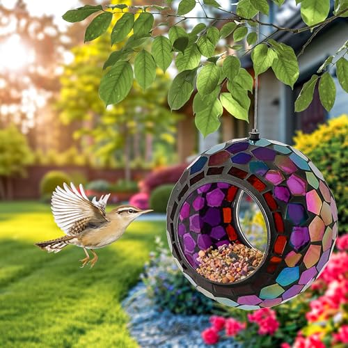 Sunnydaze Mosaic Glass Bird Feeder, Fly-Through, Iridescent Purple Mosaic | 6" Small Unique Hanging Bird Feeder for Outdoors, Drainage Hole, Weather-Resistant, Birdfeeder for Cardinals, Jays, & Finches - color: Iridescent Purple Mosaic