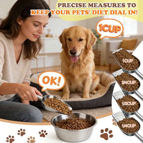 Mity rain 2PCS Dog Food Scoop Stainless Steel with Long Handle | Precise Measuring Cups, 1, 3/4, 1/2, 1/4 Cup, Pet Scoop for Cats, Rabbits, Animals, Metal Spoon for Dog Food Storage (2 CUP) - size: 2.0 CUP