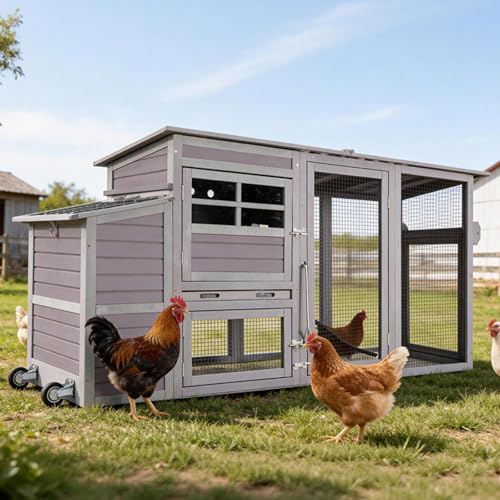 Mobile Chicken Coop with Run, Large Wooden Hen House Poultry Cage with Wheels, Weatherproof Roof, Sectionable Nesting Box, Pull-Out Tray for 3-5 Chickens, 74.9" L x 26" W x 39.4" H (Grey)