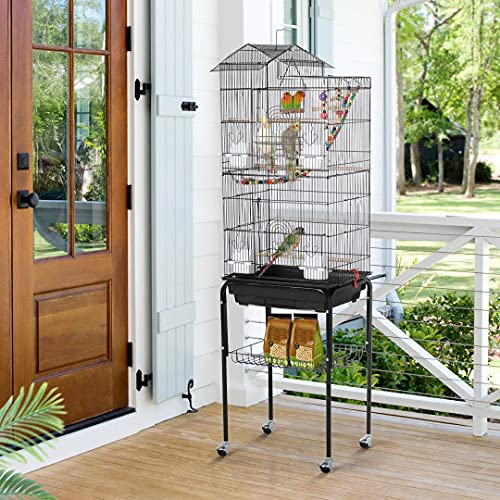 Yaheetech Bird Cage 64'' Medium Small Parrot Parakeet Bird Cages with Detachable Rolling Stand for Parrot Lovebirds Finches Parakeets Budgie Parrotlet Conures, Pet Flight Birdcage - color: Black