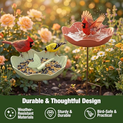Kinsgyard 2 Pack Free Standing Tray Bird Feeders with Adjustable Pole, Wild Bird Bath for Outdoor Garden Yard Decor, Large Seed Capacity, Easy to Clean and Refill, Red & Green - color: Red & Green