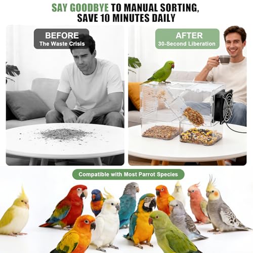 Bird Seed Cleaner Machine, Bird Seed Husk Separator with Adjustable Speed Fan, Transparent Acrylic Seed Separator for Parrot, Cockatiel, Parakeet Food, Washable Shell Remover