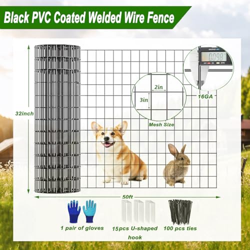 Welded Wire Fence 36inch x 50ft Roll,16 Gauge 2" x 3" Mesh Black | Rustproof Vinyl Coated Double-Layer Thick Wire, for Garden Fencing, Dog Fence, Chicken Wire Fencing, Yard & Pet Barrier