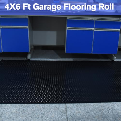 4x6FT Flooring Roll Diamond Plate Rubber Garage Floor Mat | Non-Slip Commercial Grade Parking Mat for Garage Floor,Warehouse, Trailer, Golf Cart，Black - size: 4X6 Feet