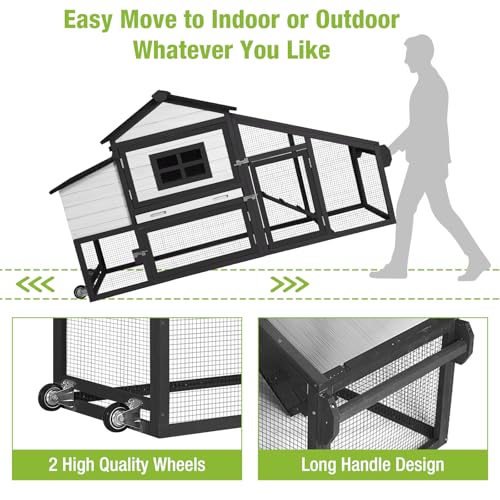 GUTINNEEN Chicken Coop Mobile Chicken House On Wheel Outdoor Rabbit Hutch for 2-4 Chickens 67"(Black and White) - color: Black and White