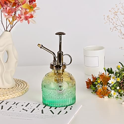 Glass Plant Mister Spray Bottle, 230ML Vintage Plant Spritzer, Succulent Watering Bottle Glass with Top Pump, Small Plants Sprayer Watering Can for Indoor Outdoor House - color: Brown Green Gradient Color Color